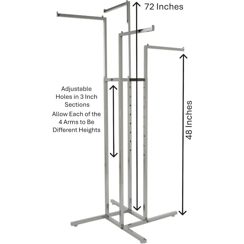 Heavy Duty 4 Way Clothing Rack, Adjustable Height Arms, Square Tubing, Perfect for Clothing Store Display