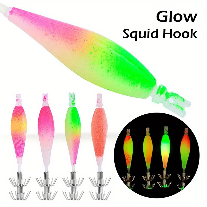 4Pcs Luminous Shrimp Fishing Bait Metal+Silicone Fluorescent Squid Jig Hooks Octopus Lure Fishing Accessories Tackles Equipment