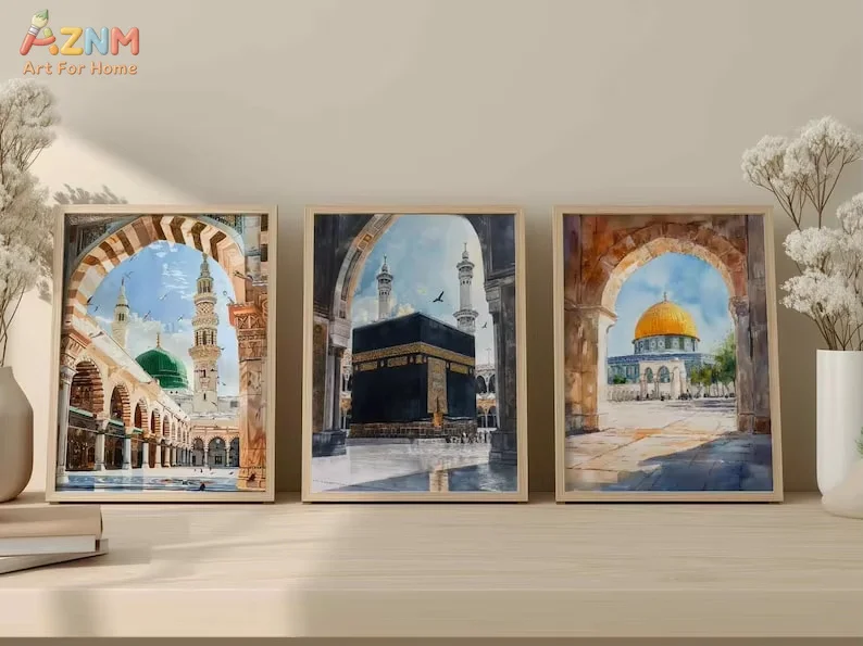 AZNM Watercolor Islamic Holy Places Canvas Wall Art Kaaba Dome of the Rock Prophet Mosque Print Unframed Canvas Painting for Mus