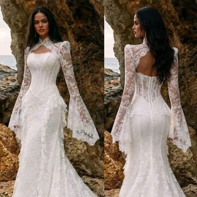 Boho Bridal Jacket Sheer Lace Long Bell Sleeve Stand Collar Hollow Out Cropped Topper Wedding Ceremony Banquet Customized