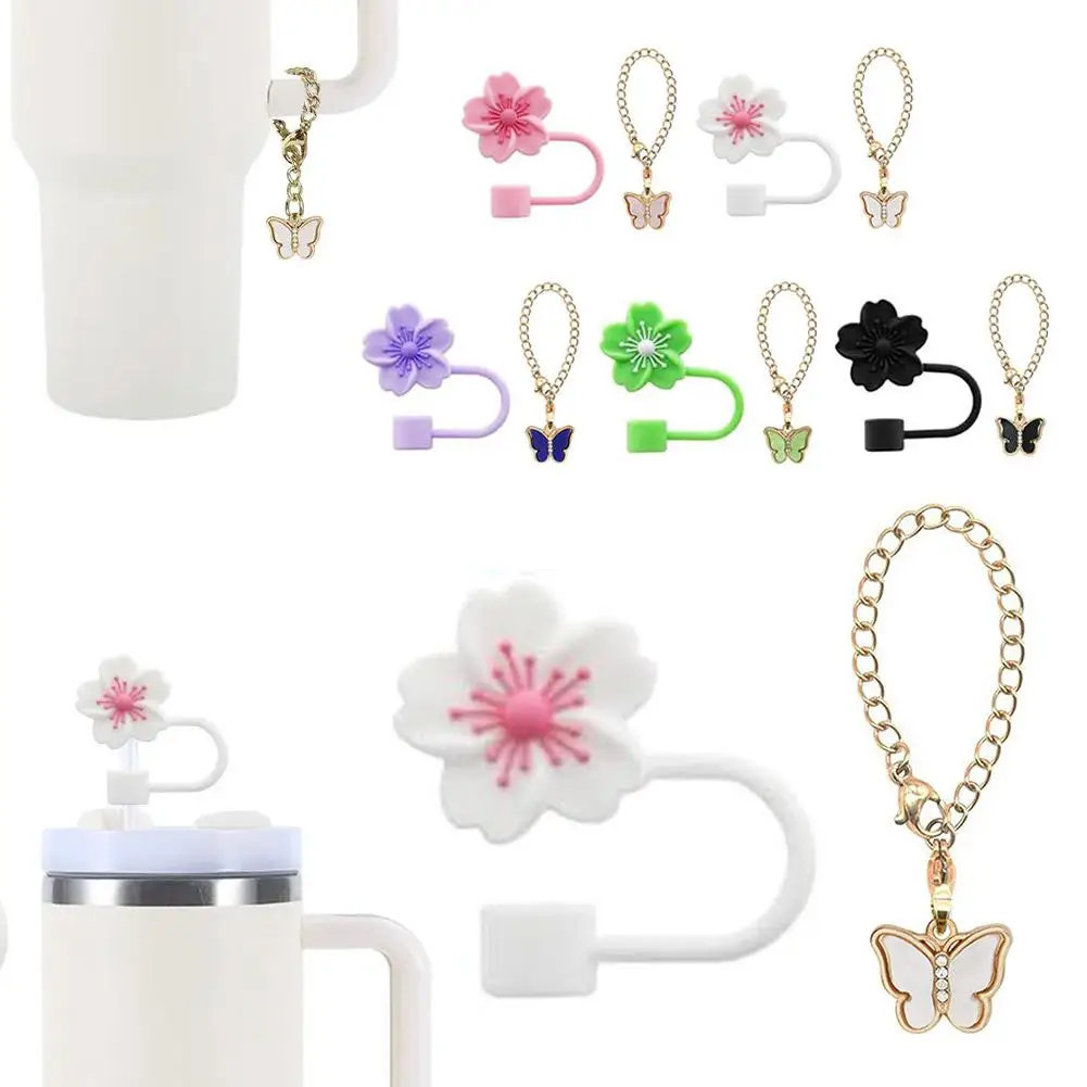 2pcs 10mm Flower Silicone Straw Cap Cover And Diamond Butterfly Charm Chain For Stanley Cup Accessories Set