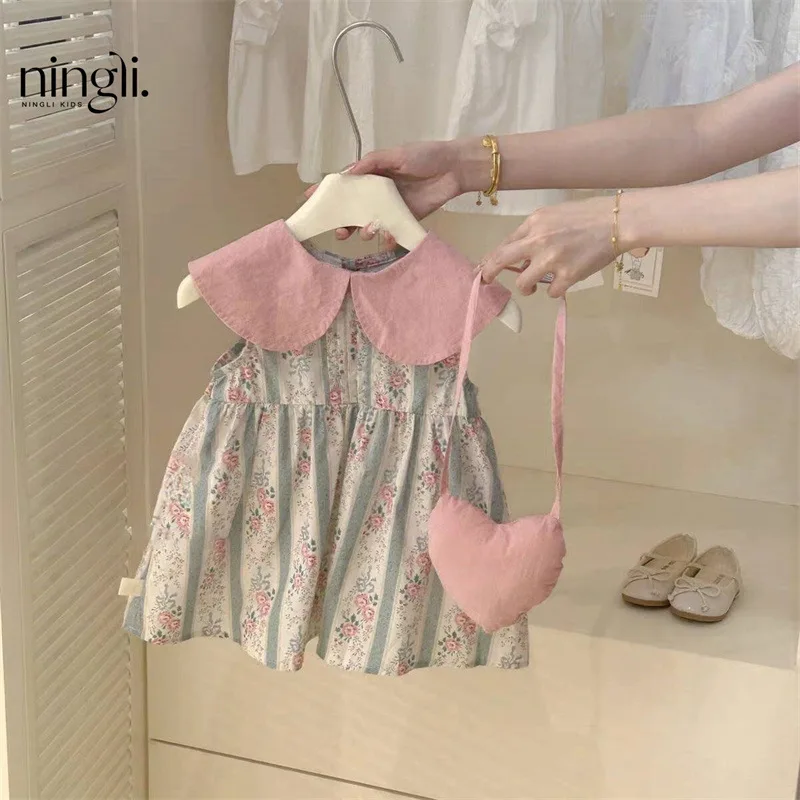 Girls' Princess Dress Suit Summer New Floral Dress Cotton Doll Collar Pastoral Style Printed Skirt