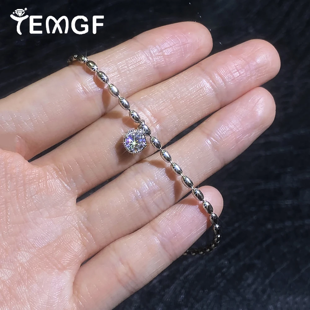 

TEMGF 925 Silver Bracelets 5mm Moissanite Pendant GRA Certified for Charm Women Fashion Simple Jewelry 16-19cm Rice Grain Chain