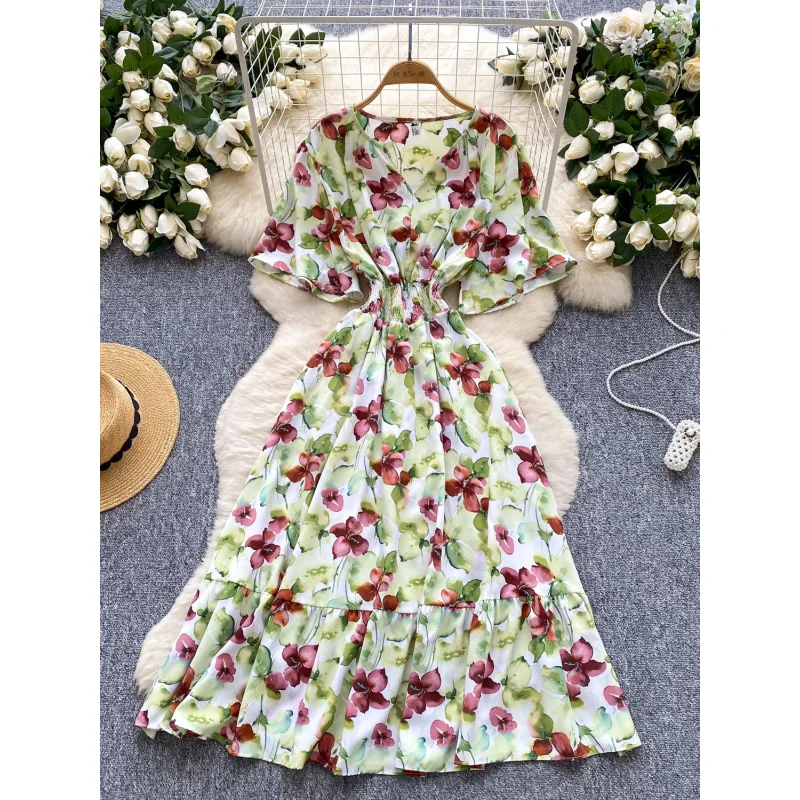 Boho vintage donna estate scollo a V stampa floreale abito lungo elastico in vita volant Chic vestido de festa INS abito da vacanza al mare