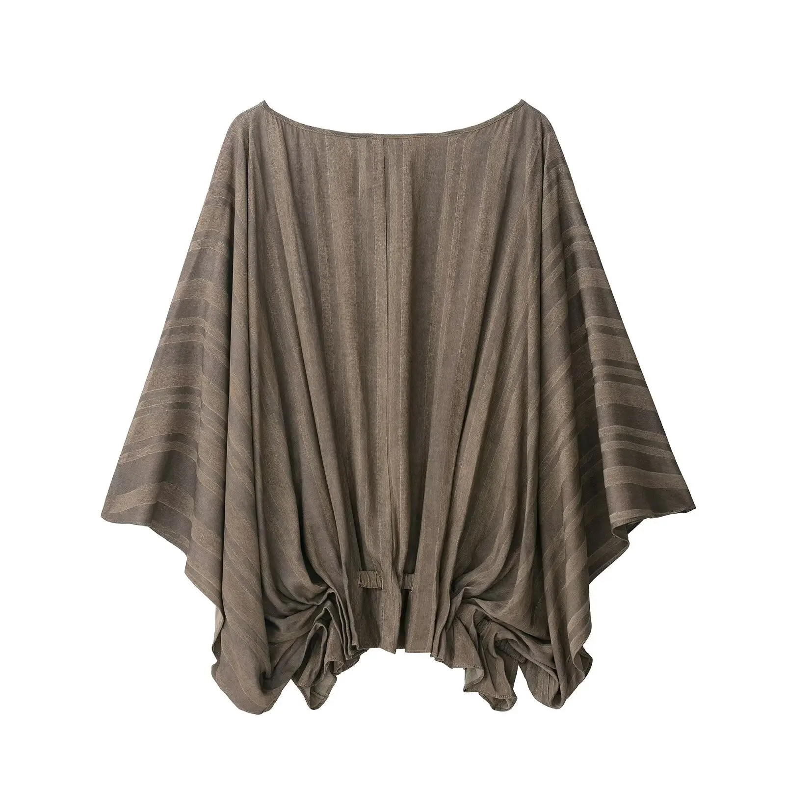 เสื้อคลุมแขนยาวทรงปล่อยลายทางผ้าแจ็คการ์ดเก๋ไก๋สำหรับฤดูใบไม้ร่วงปี 2025 เสื้อผู้หญิงคอวีผูกโบว์ แต่งระบายชายเสื้อ ผ้ารัดรูป ทรงหลวม