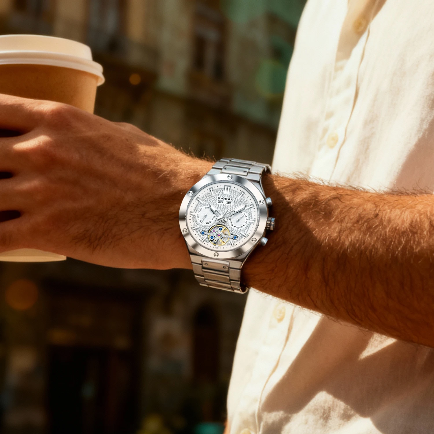 ساعة X-GEAR للرجال بحركة ميكانيكية مع قرص كبير وحزام من الفولاذ المقاوم للصدأ كاجوال/نمط الحفلات مضيئة ومقاومة للماء