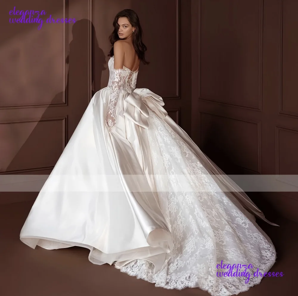 تخصيص رائع بدون حمالات الكرة ثوب الساتان فستان الزفاف خمر لؤلؤ سباركلي الديكور الدانتيل المرأة زي العرائس مع القوس 2025