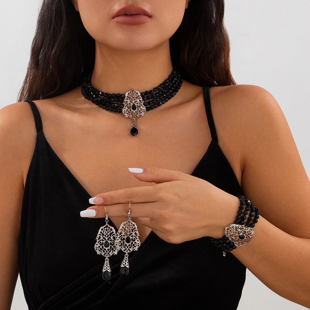 Salircon 3Pcs/Set Multilayer Crystal Beads Chain Choker Necklace Bracelet Earrings Set for Women Elegant Party Wedding Jewelry