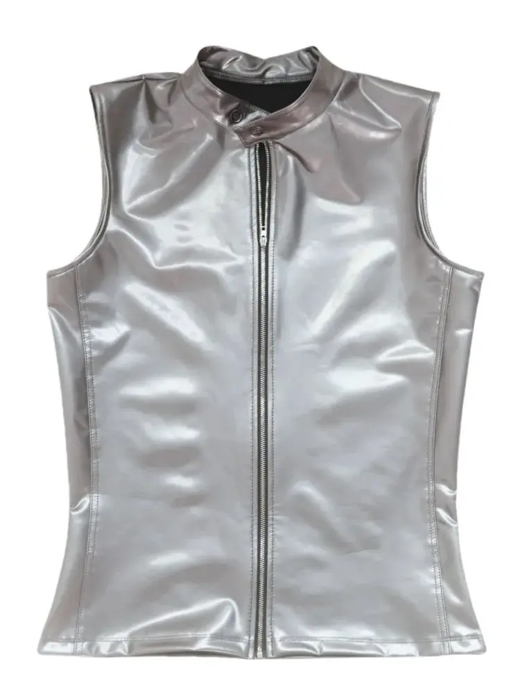 

Sleeveless Zipper Stand Collar Wet Look PVC Tshirt Shiny PU Leather Tank Tops Vest Waistcoat Weskit Performance Tanktop Shapers