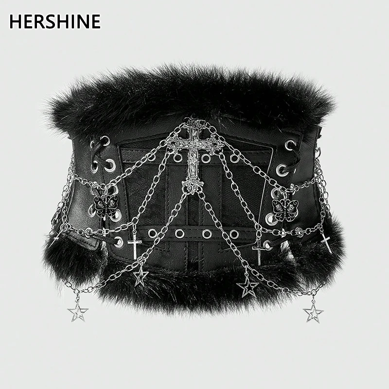 HERSHINE 1-piece women's long-haired cross chain elastic wide waist belt, Y2K Gothic Harajuku Punk Street Style，spring，summer