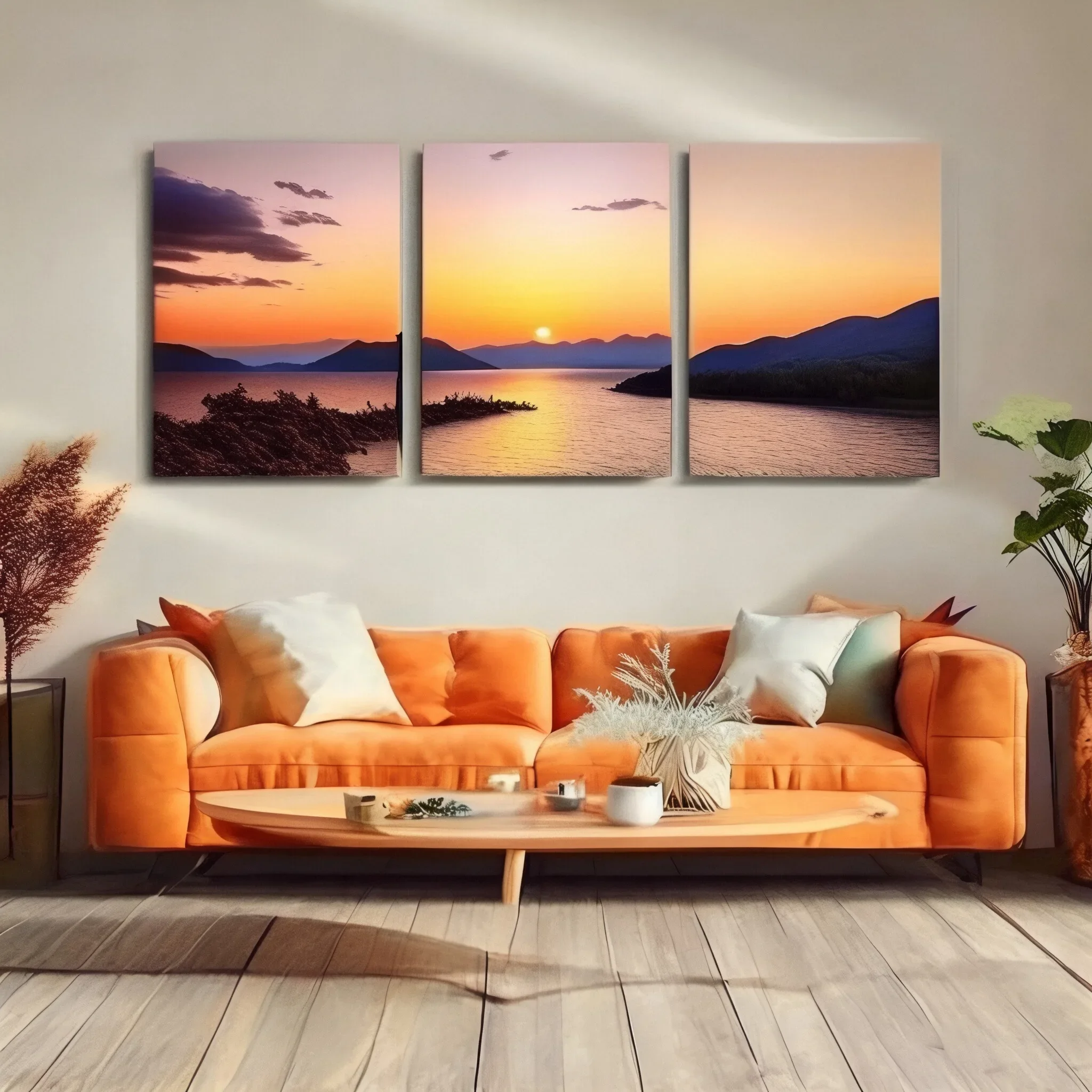 2D plat, 3 pièces 2d3 pièces ensemble tranquil bord de mer crépuscule-mur de salon 3 pièces ensemble, paysage de plage Art sans cadre, toile enveloppée Painti