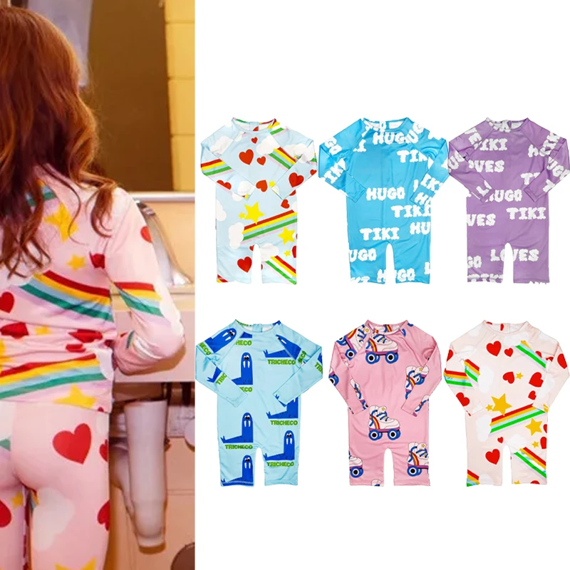 

2025 New Summer Children's One-piece Swimsuit Girl Pink Printed Shorts Swimsuit Boys' Blue Printed Casual Swimsuit
