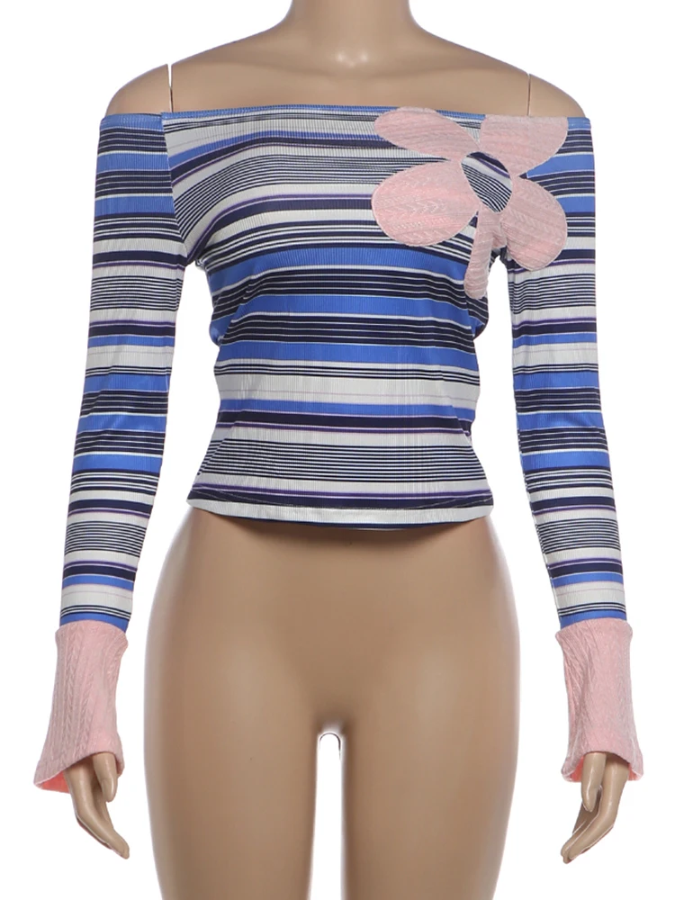 Weird Puss T-Shirts mit Streifenmuster für Damen, Slash-Neck, Blumenstickerei, lange Ärmel, freiliegender Bauch, Street-Casual, modisch, elegant – Detail 3