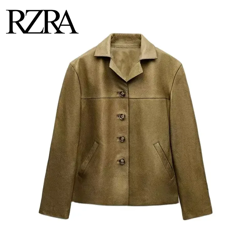 

RZRA women's 2024 autumn and winter new retro versatile single-breasted imitation leather long-sleeved lapel leather jacket