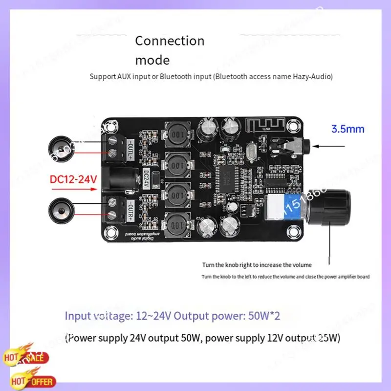 

CLCU DC12V-24V Class D Amplifier Module 50Wx2 Hifi Stereo Bluetooth 5.0 Audio Amplifier Volume Adjustable