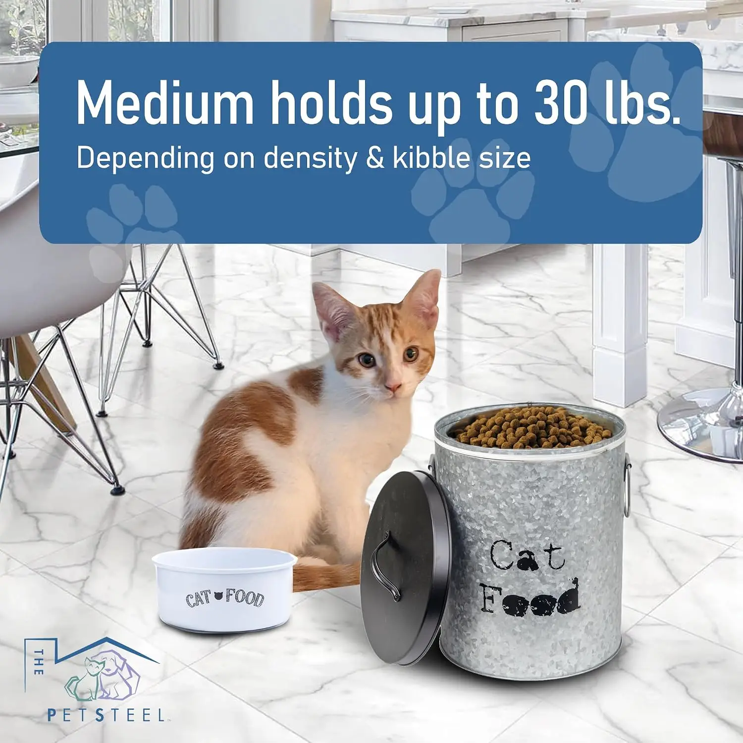 Medium Pet Food Storage Canister for Cats Up to 30lb with Scoop – Airtight Metal Container, Minimalist Design, Recyclable, Large Capacity