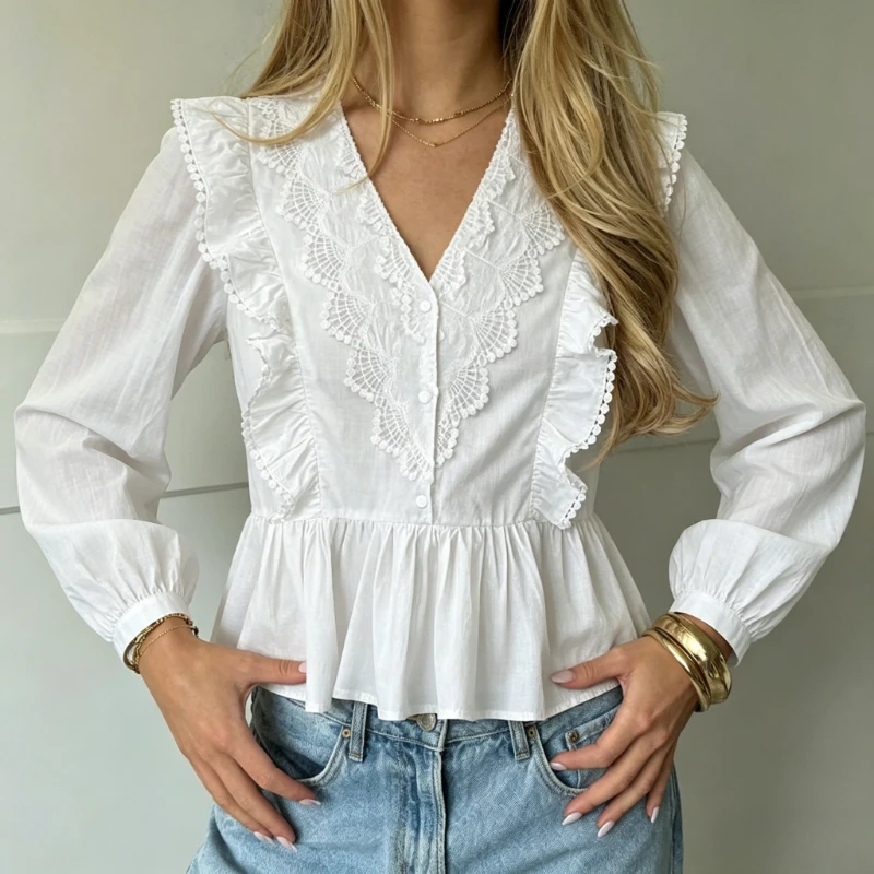 

2026 Spring Elegant Ruffles Lace Women Shirts V-neck Long Sleeve Blouse Solid Color Loose Autumn Casual Button Chic Sweet Top