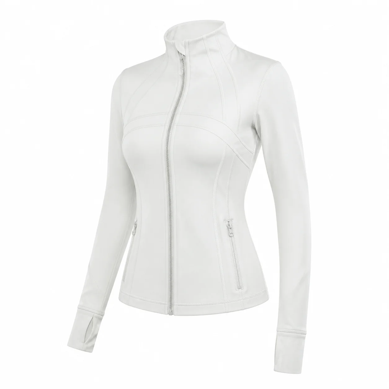 Women's Ivory White Slim Fit Full Zip Sports Jacket Stand Collar Long Sleeve Thumbhole Workout Running Yoga Outerwear