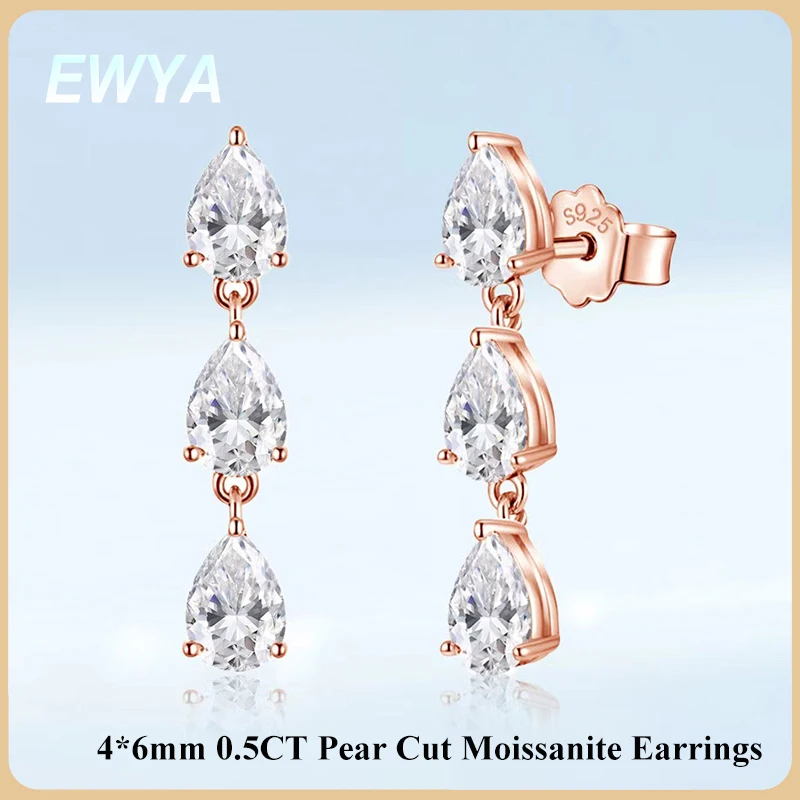

EWYA грушевидная огранка, 3 камня, полный 3EX муассанит, короткие висячие серьги для женщин, серебряные серьги-капли s925, вечерние ювелирные изделия, подарок