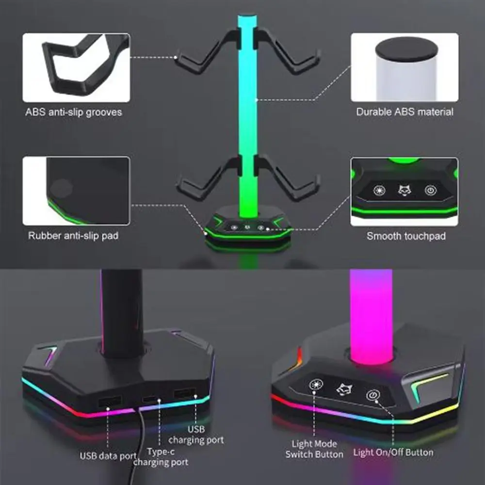 Black RGB Earphone Hanger LED Lighting Dual USB Ports Gaming Headset Display Rack Data Transmission Desktop Display Holder