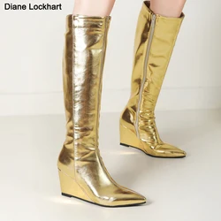 Wedge Platform Women High Boots Knee High Boots Female Zip Fashion Height Heel Wedge Boot Gold Silver Casual Shoes Woman 2024