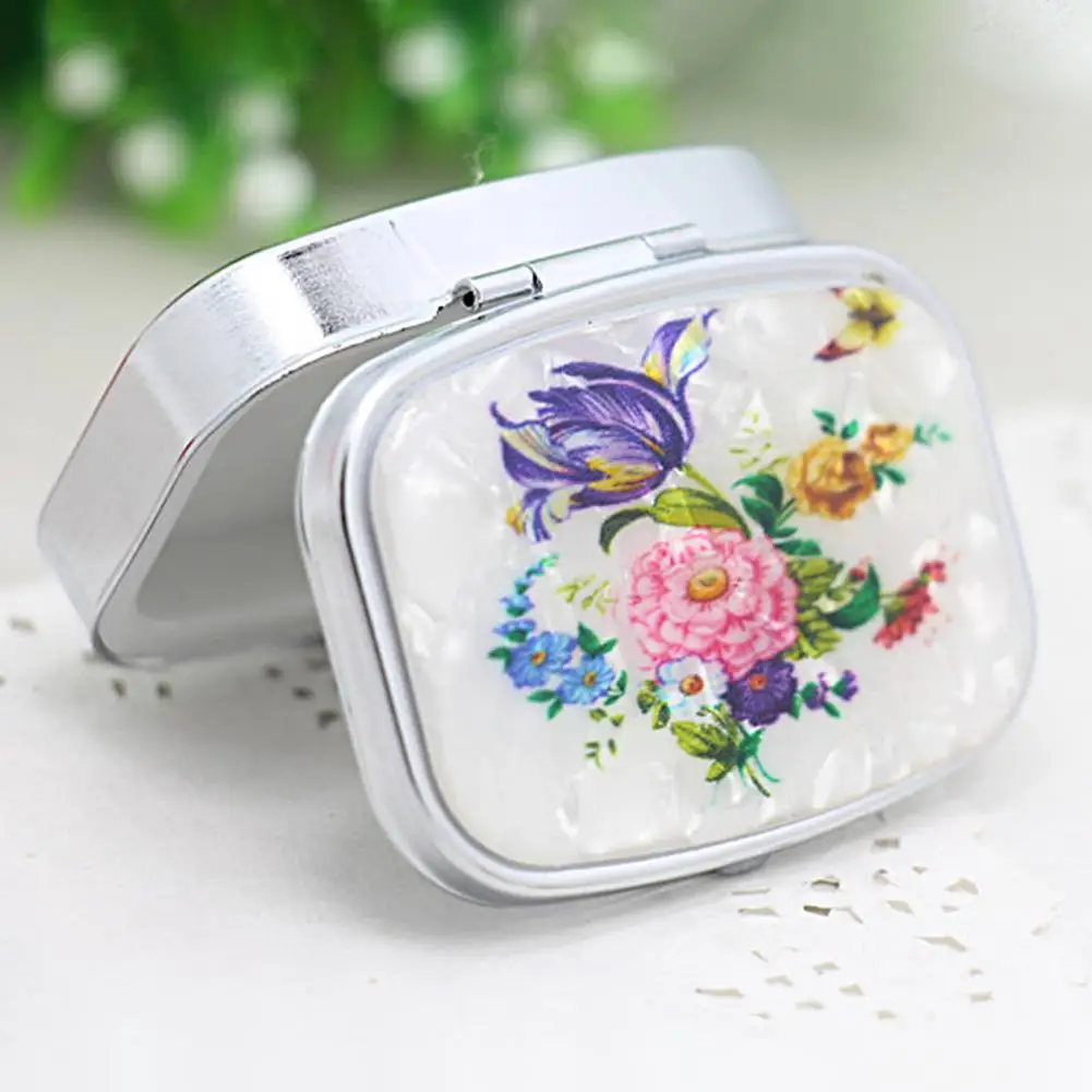 Practical Pill Organizer Reusable Flower Print Metal Box Separate Compartment Dust-proof Medicine Box