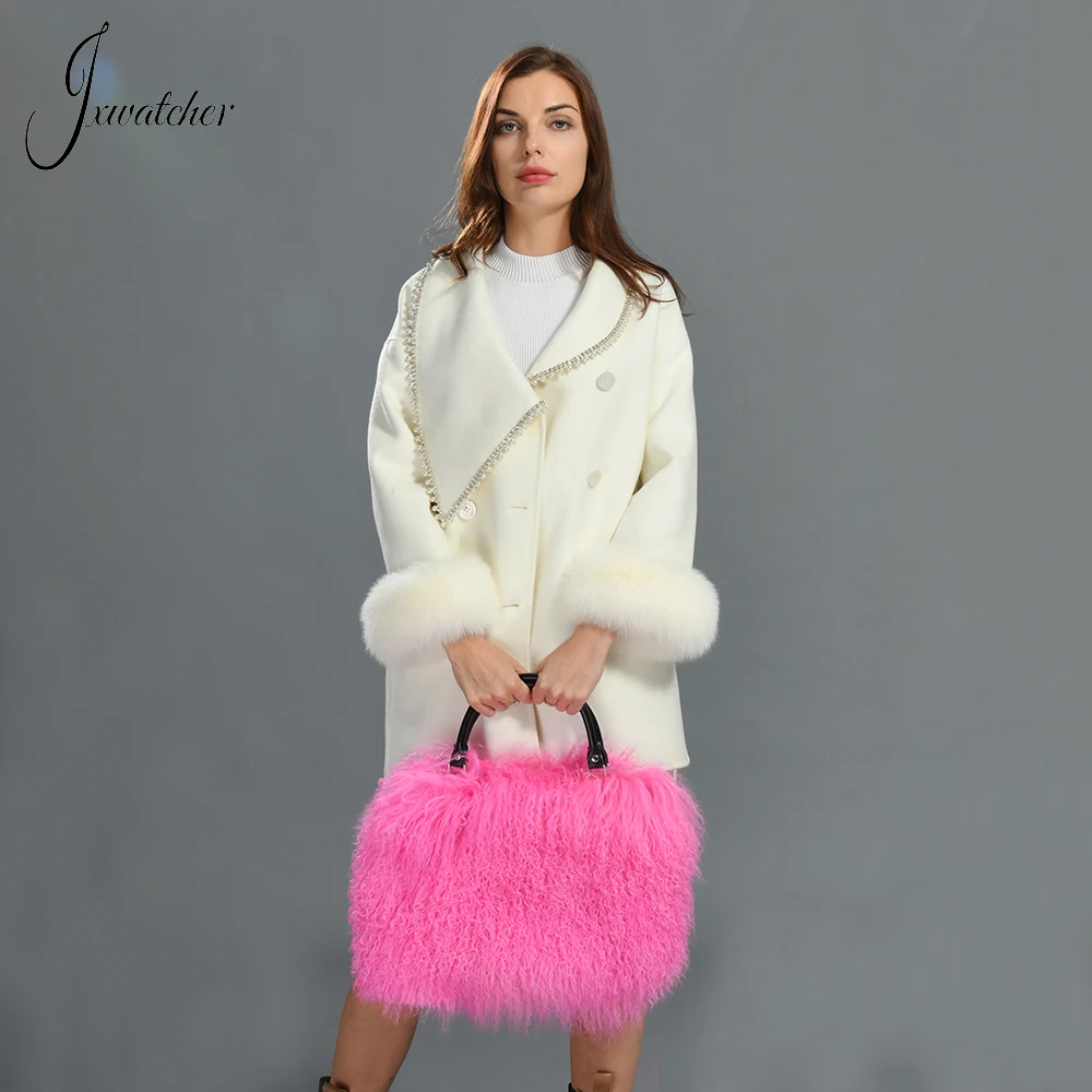 Jxwatcher Real Mongolian Fur Bag for Woman 2024 New Style Ladies Fashion Fluffy Tote Bag Autumn Winter Luxury Girls\' Hand Bag