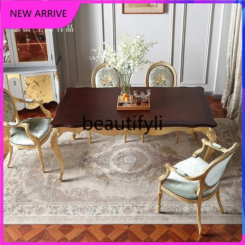 b573  French light luxury solid wood carving flower long dining table European classical dining table and chair combination