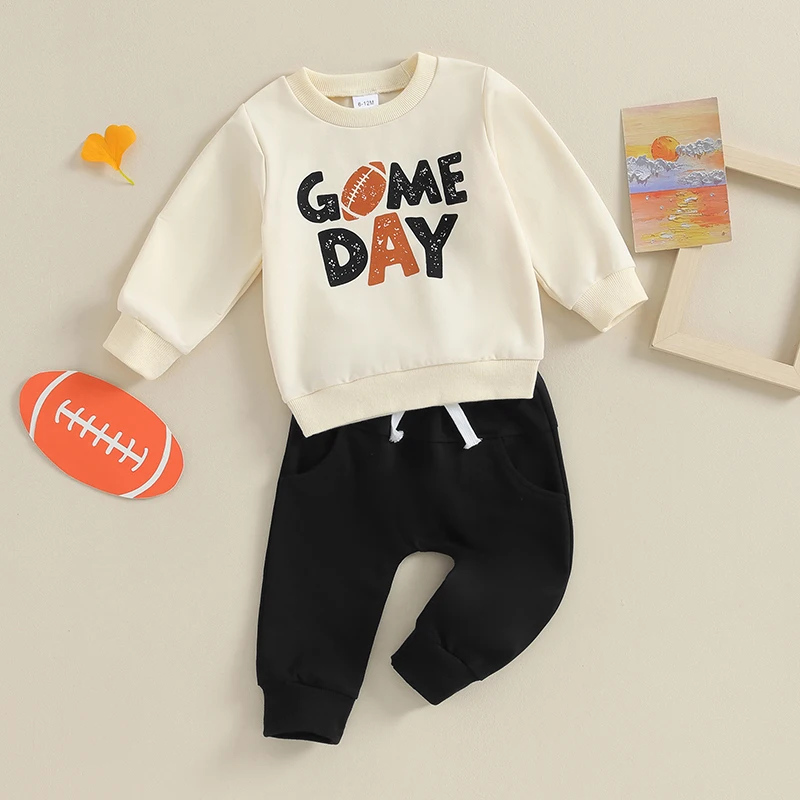 Baby Boys Pants Set Long Sleeve Crew Neck Letters Rugby Print Sweatshirt with Elastic Waist Sweatpants Infant Clothes