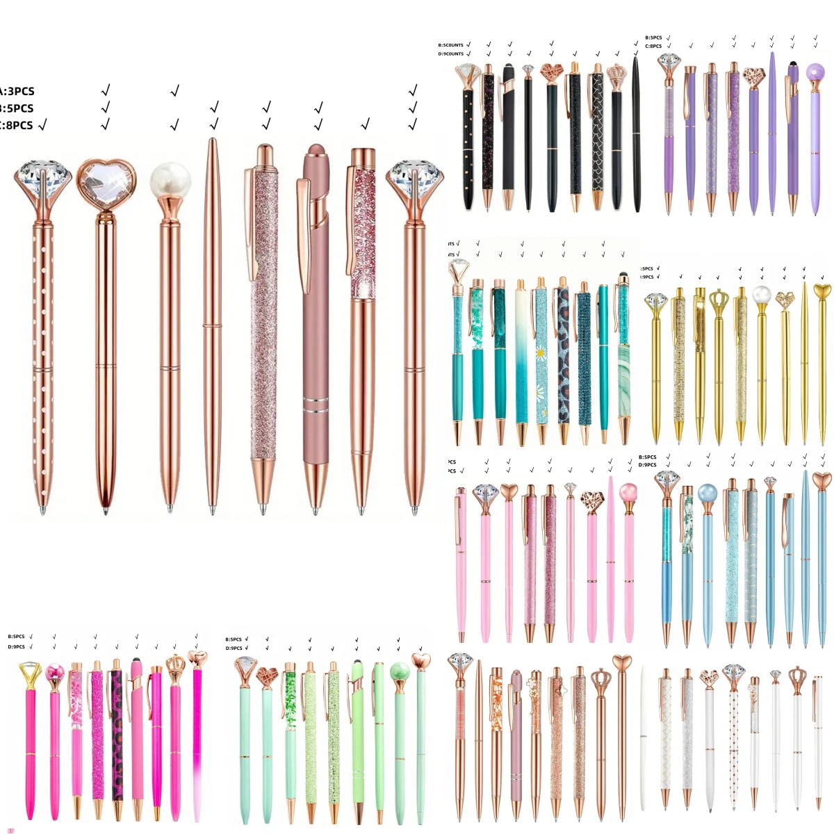 

Набор металлических шариковых ручек цвета розового золота (3/5/8/9 шт.), с жемчужной короной и искусственными бриллиантами, для школы и офиса