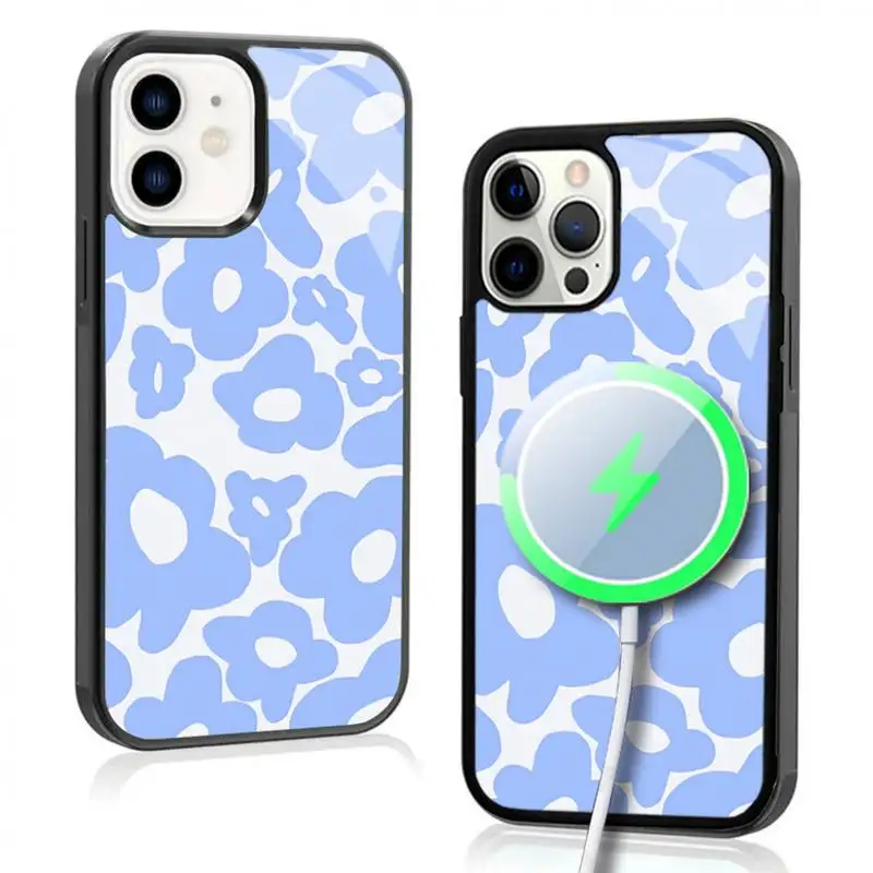 Hippy Flowers Swirl Blue Phone Case For IPhone 11 12 13 14 15 Plus Pro Max Mirror Acrylic Cover For Magsafe Wireless Charging