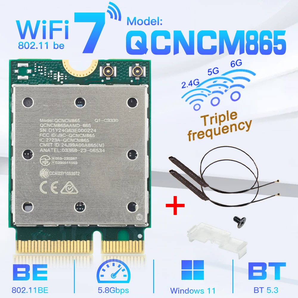 

fenvi Wifi 7 QCNCM865 M.2 Network Card Bluetooth 5.3 up to 5.8Gbps Better than Wifi 6E Wlan Wireless Adapter Only for Win 11Wu