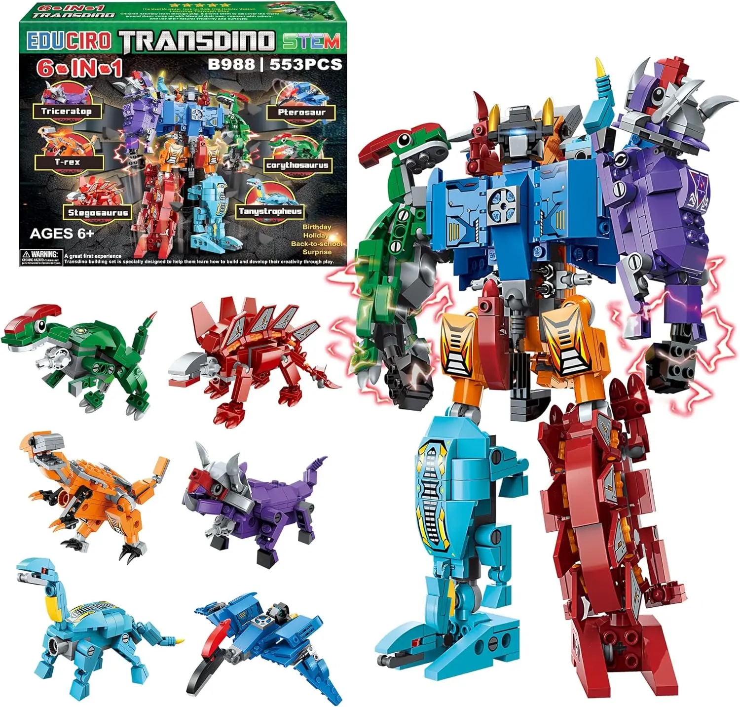 Jurassic Dinosaur Toys for Kids, Creator 6in1 Transformer Building Toys, Action Figure Birthday Gifts Idea for Kids