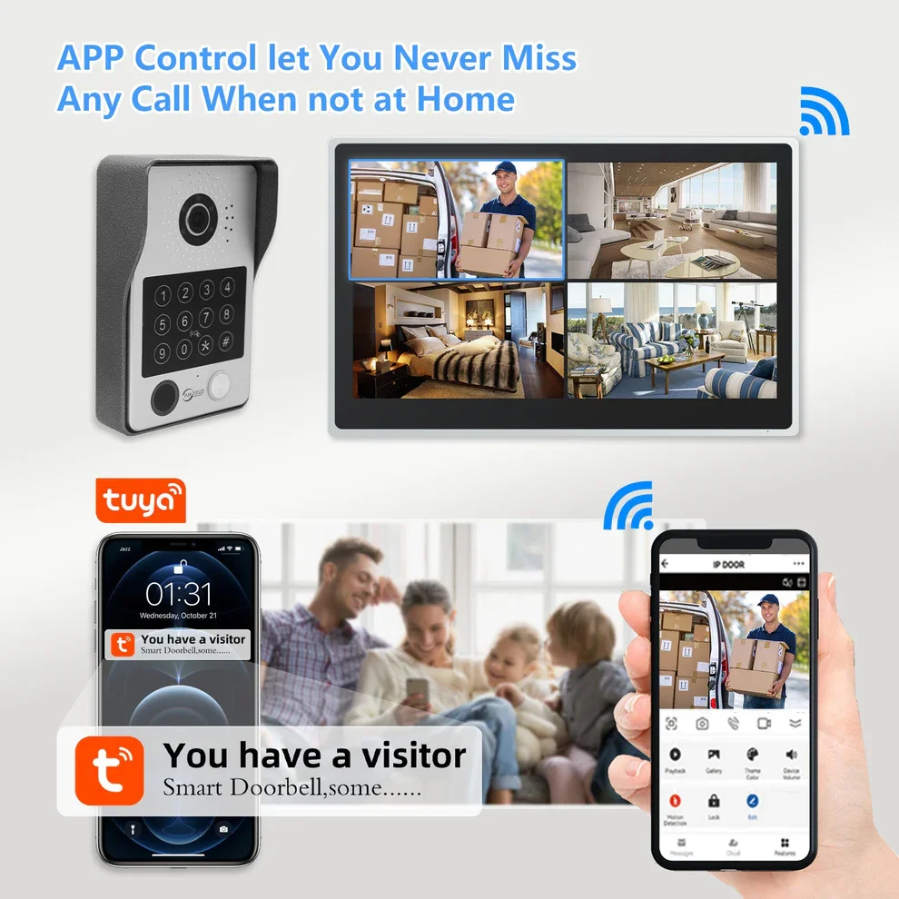 Anjielo Tuya iDVR 1080P جرس باب المنزل الذكي كبير 15.6 بوصة نظام التحكم الداخلي عبر الفيديو واي فاي فيديو 4 شاشة مقسمة IP جرس الباب #4