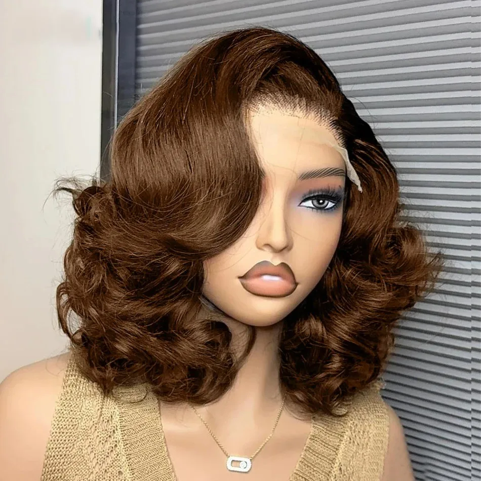 

Шоколадно-коричневый объемная волна 13x4 HD кружевная передняя часть человеческих волос парики боб 13x5 прозрачный кружевной фронтальный парик бразильский 2 # Цветной 12-дюймовый