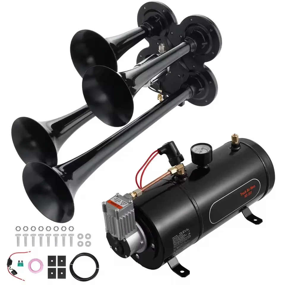 

150dB Truck Horns Kit - 4 Trumpet 12V Air Horn Set 120 psi Air Compressor Pickup Trucks bus