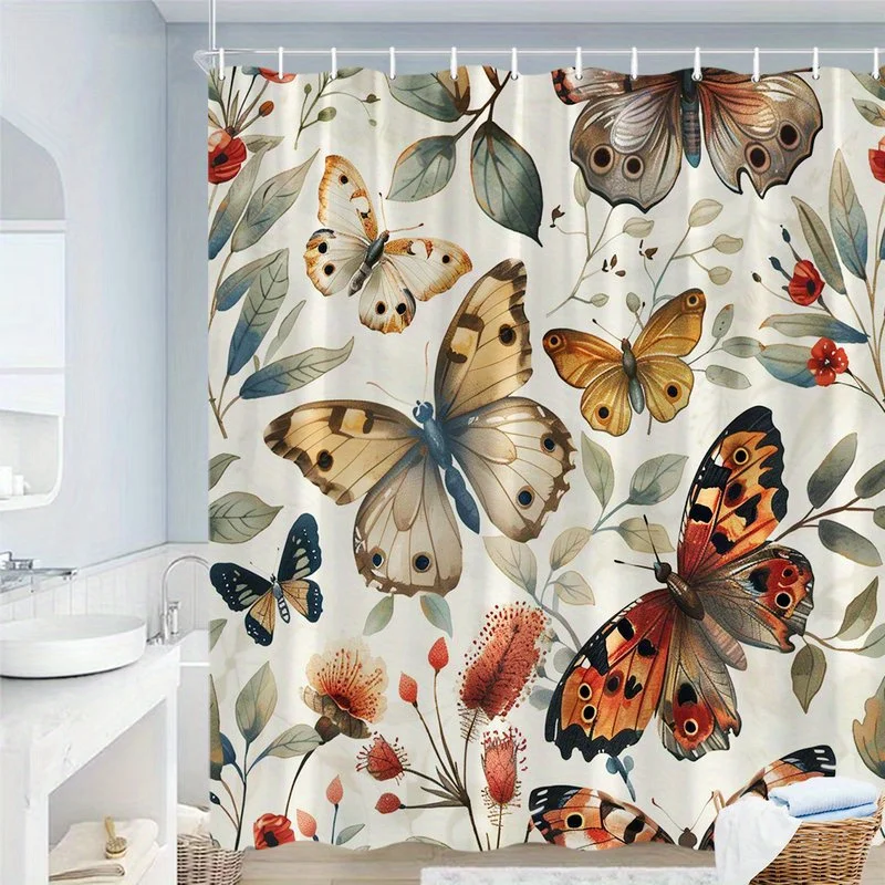 

1pc Watercolor butterfly and floral pattern shower curtain, polyester fabric, machine washable, suitable for bathroom decoration
