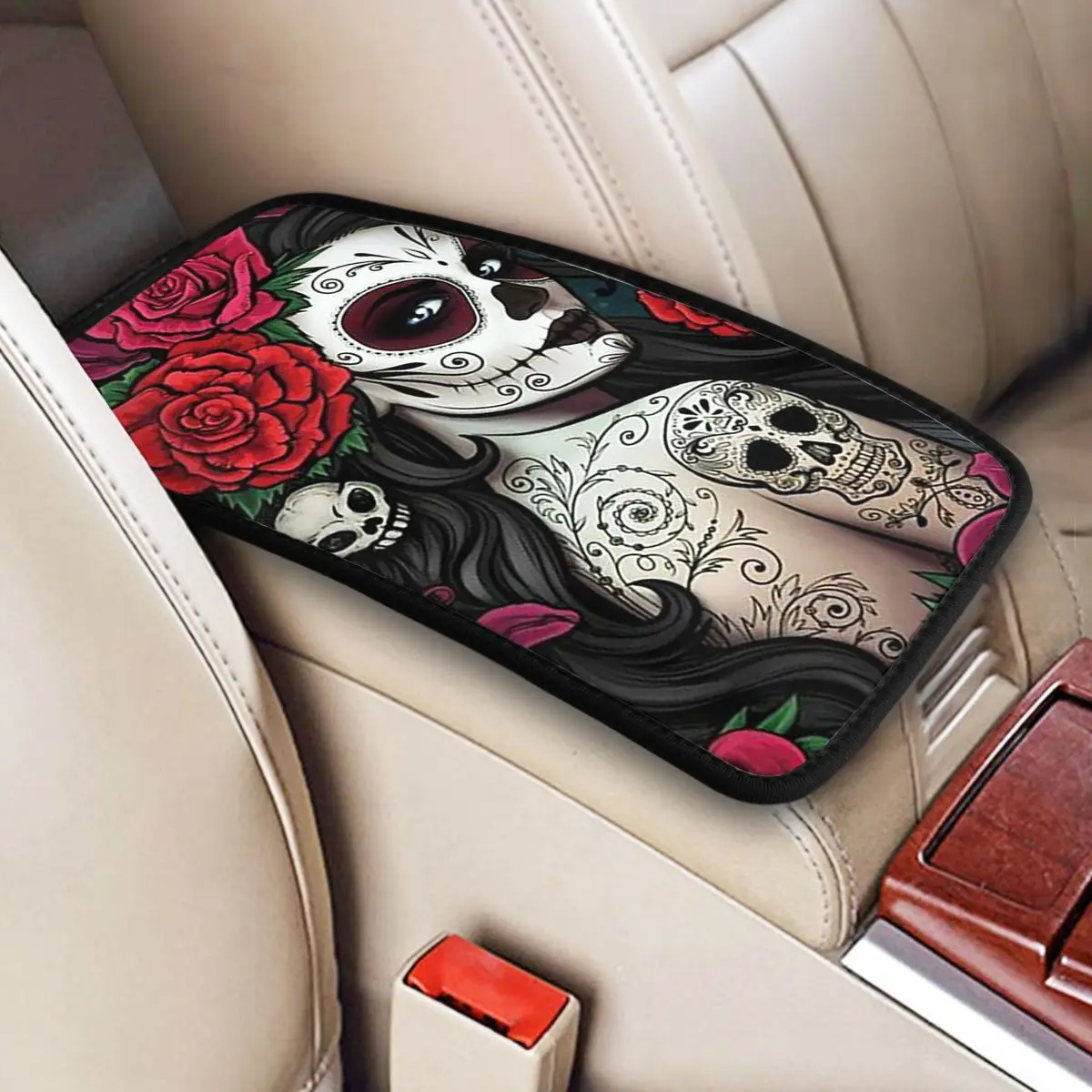 Center Console Cover Pad Sugar Skull Car Armrest Cover Mat Beautiful Girl Car Accessories