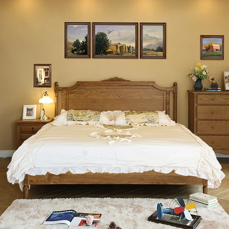 French all solid wood queen bed American country oak master bedroom wedding bed with sensor light retro single double princess b