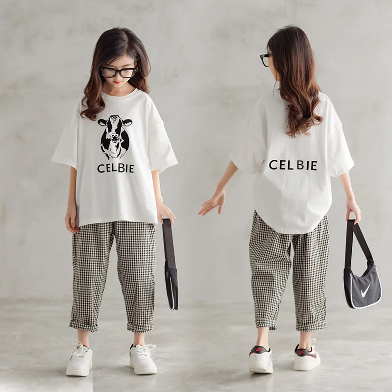 

2023 Teenager Summer Kids Girls clothes cotton cow half sleeve Outfit Tops t shirt + plaid ankle-tie Pants 6 7 8 9 10 11 12 year