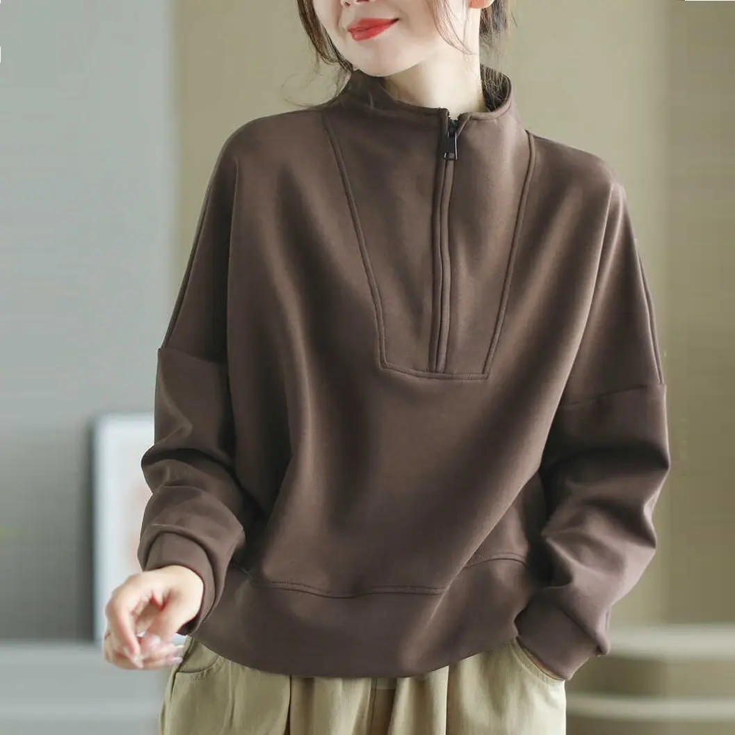 ผู้หญิงสีทึบคอปกครึ่งซิปเสื้อกันหนาวฤดูใบไม้ร่วงฤดูหนาวเสื้อโอเวอร์ไซส์แขนยาวเสื้อลำลองเสื้อผ้าผู้หญิง