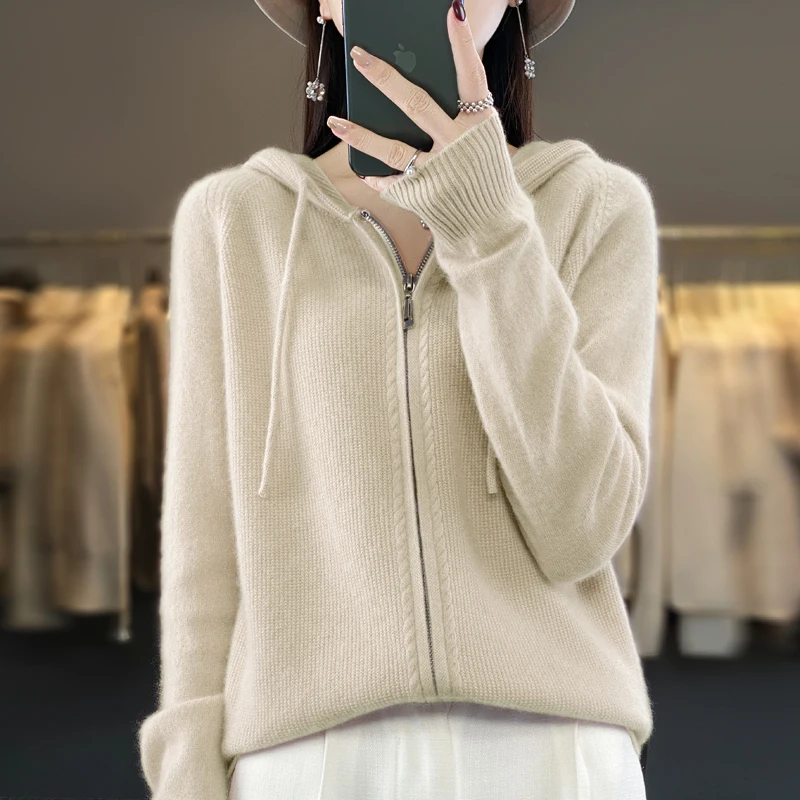 Spring and autumn knitted wool cardigan ladies loose zipper hoodie with fashion solid color wool sweater outside