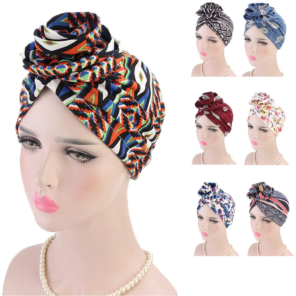 

African Pattern Wowen Knot Headwrap Knotted Turban Bonnet Satin linned Beanie Headscarf Cap Headwear Bandanas Hair Accessories