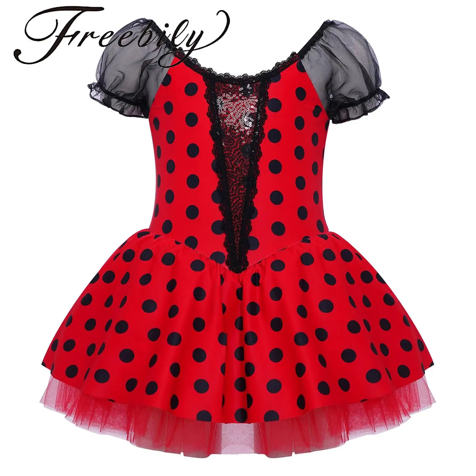 

Kids Girls Tutu Ballet Dress Short Puff Sleeves Shiny Sequins Color Block Dots Dance Dress with Built-in Briefs Performance