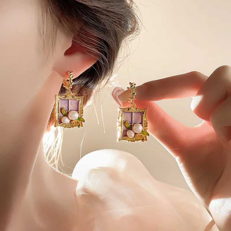 Pearl Stud Earrings French Royal Enamel Drop Natural Baroque Gem Exquisite Delicate Vintage Floral Garden Party Daily Gift Women