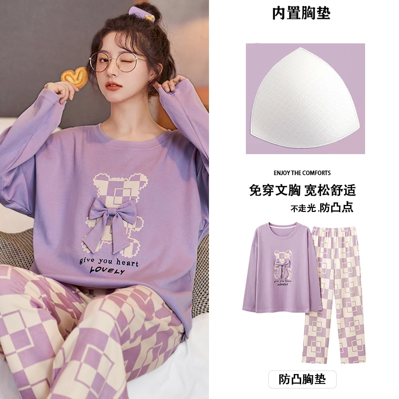 Big Size M-3XL Women Pajamas Set Spring and Autumn Knited Cottton Long Sleeve Pyjamas Female Cute Cartoon Pijamas