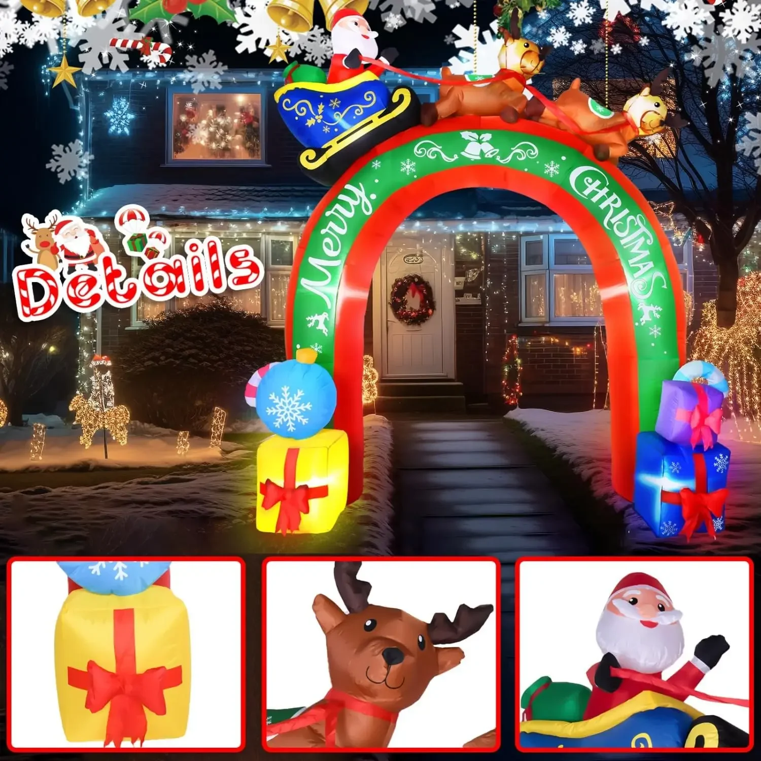 Arco inflable de Navidad de 10 pies, Papá Noel en trineo con renos, decoraciones de patio soplado