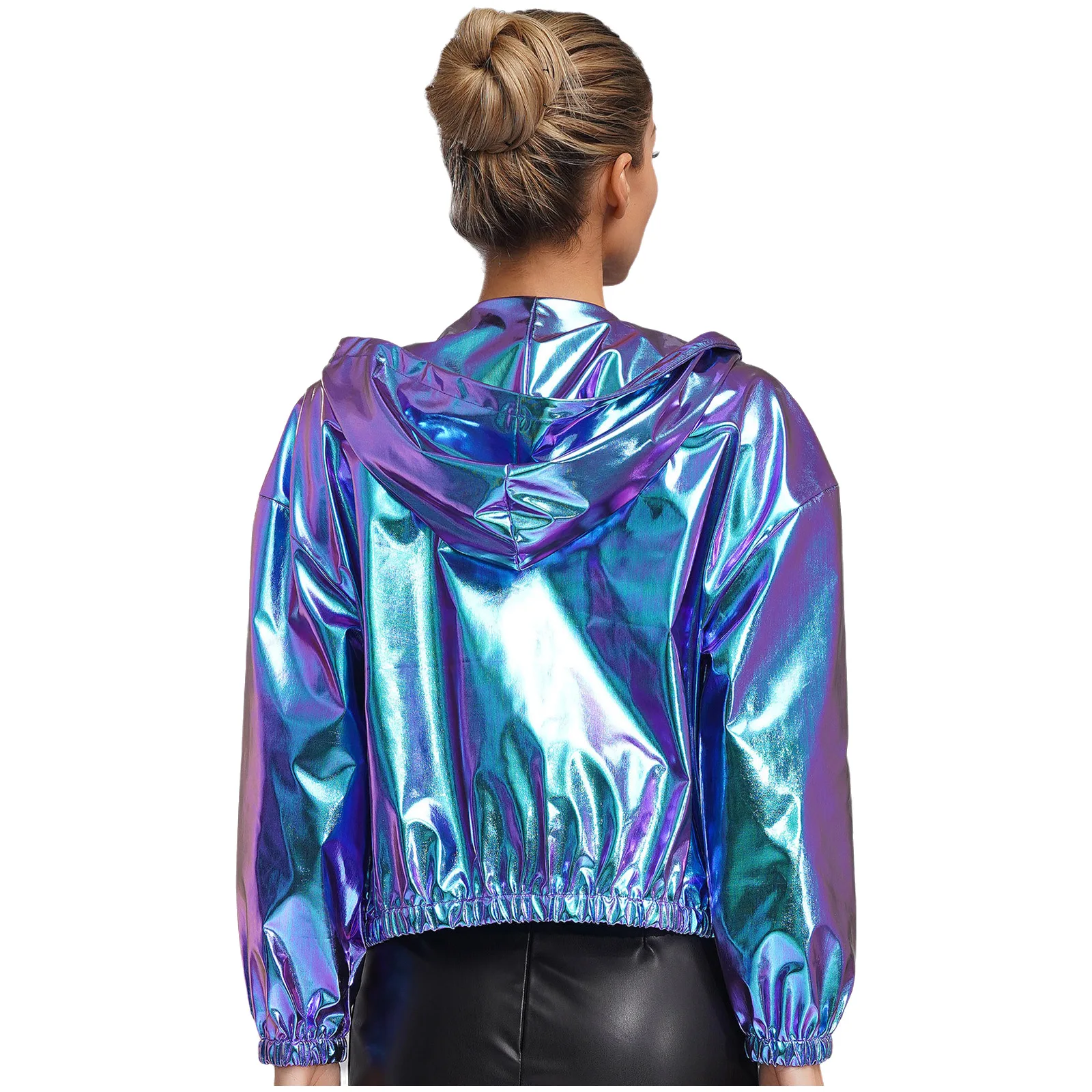 Women Holographic Jacket Coats Long Sleeve Hooded Zipper Jacket Sparkly Metallic Short Jacket Fashion Coat Club Casual Wear