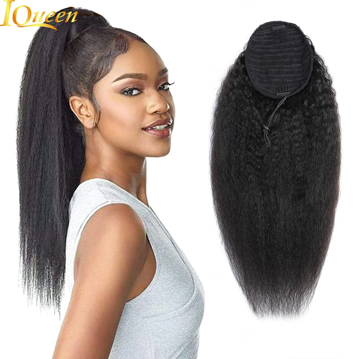 

Kinky Straight Ponytail Human Hair Extension 100g Wrap Around Clip In Ponytail Natural Black #1B Remy Indian 10-26inch For Women