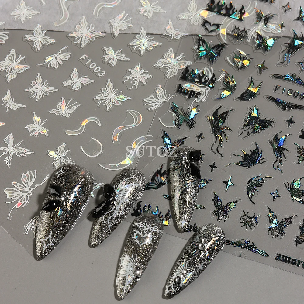 3D Holographic Butterfly Nail Adesivos, Manicure Decor, Folhas, Lua, Sol, Estrelas, Laser, decalques, Y2K, Preto, Branco, NLF1004